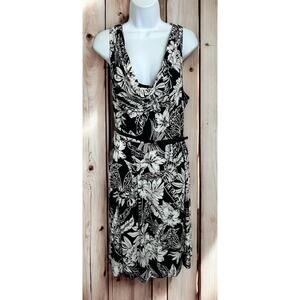Liza Luxe Midi Dress Sz XXL 2XL Black White Floral Belt Lined Draped Neckline